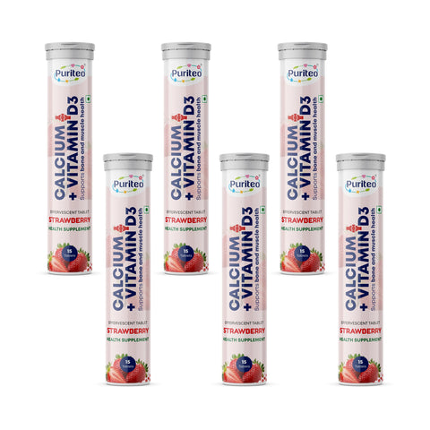 Puriteo Calcium + Vitamin D3 Effervescent Tablets – Supports Bone Strength, Joint Health, Muscle Function & Daily Calcium Needs