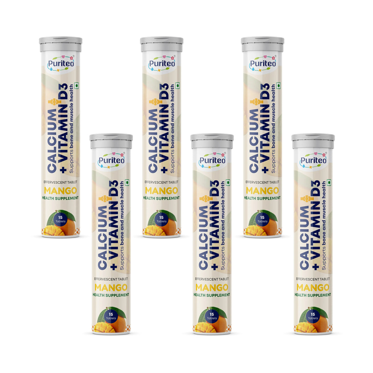 Puriteo Calcium + Vitamin D3 Effervescent Tablets – Supports Bone Strength, Joint Health, Muscle Function & Daily Calcium Needs
