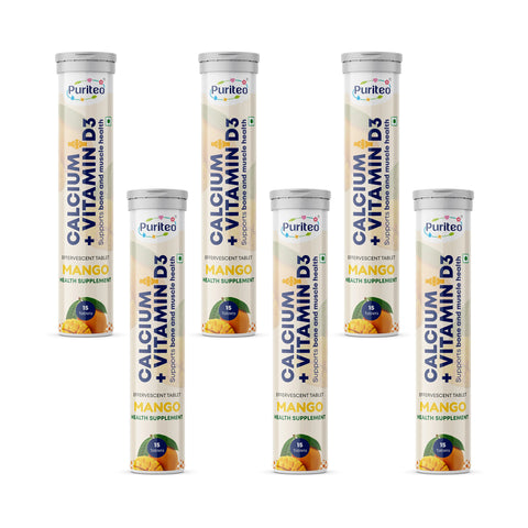 Puriteo Calcium + Vitamin D3 Effervescent Tablets – Supports Bone Strength, Joint Health, Muscle Function & Daily Calcium Needs