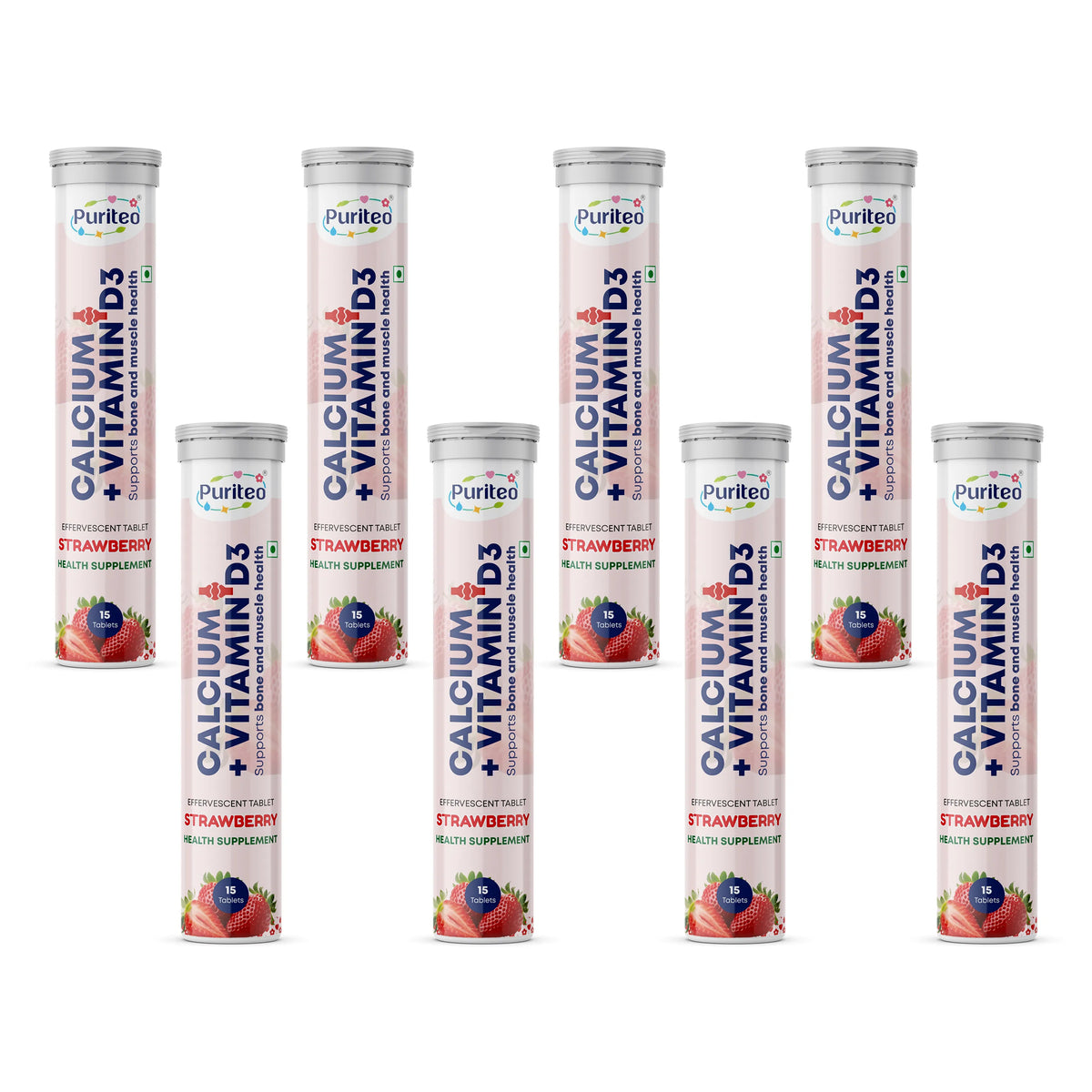 Puriteo Calcium + Vitamin D3 Effervescent Tablets – Supports Bone Strength, Joint Health, Muscle Function & Daily Calcium Needs