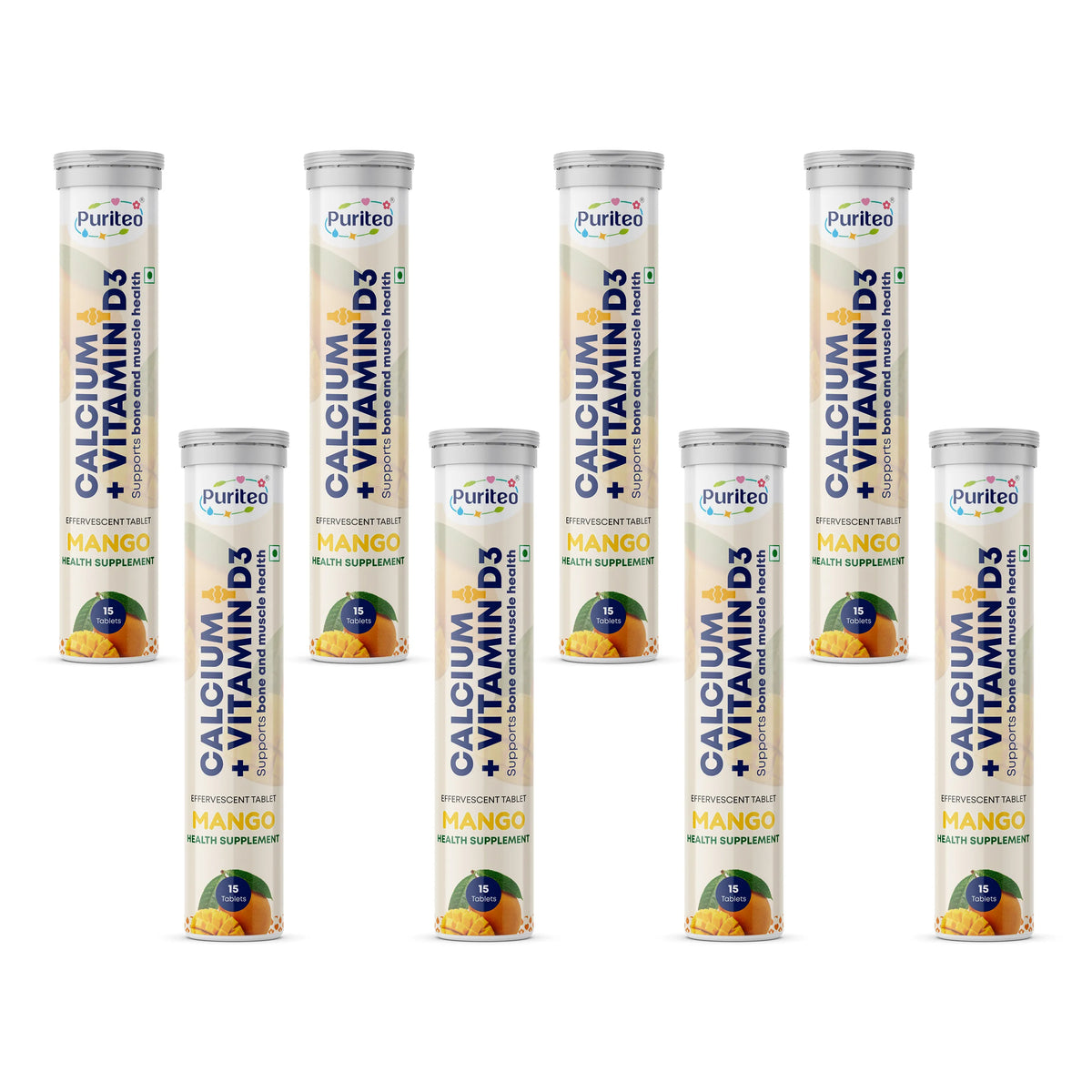 Puriteo Calcium + Vitamin D3 Effervescent Tablets – Supports Bone Strength, Joint Health, Muscle Function & Daily Calcium Needs