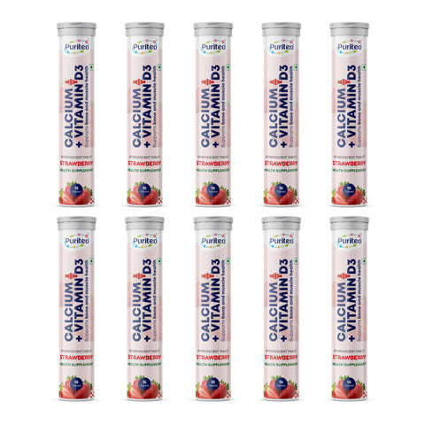 Puriteo Calcium + Vitamin D3 Effervescent Tablets – Supports Bone Strength, Joint Health, Muscle Function & Daily Calcium Needs