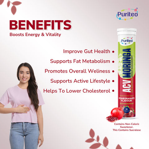 Puriteo ACV Moringa Effervescent Tablets for Natural Weight Management, Detox & Wellness, Fat Loss & Gut Health