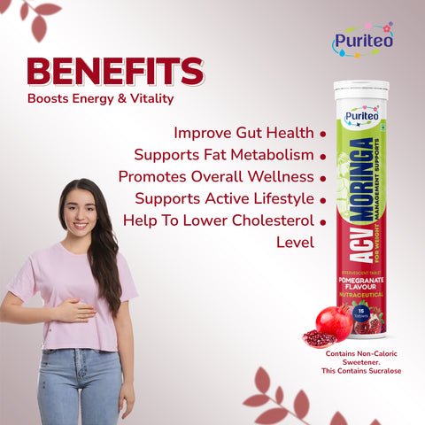Puriteo ACV Moringa Effervescent Tablets for Natural Weight Management, Detox & Wellness, Fat Loss & Gut Health