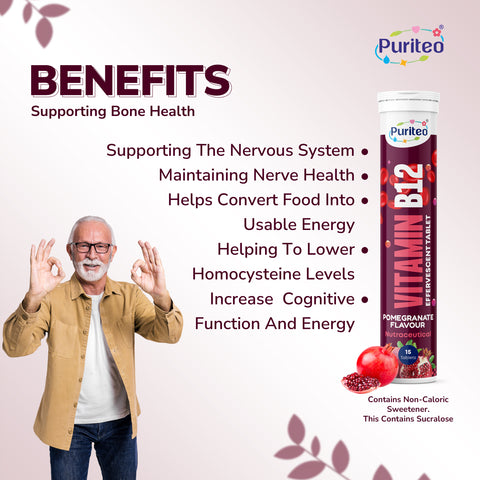 Puriteo B12 Effervescent Tablets for Instant Energy Uplift, Better Cognitive Function, Immunity & Active Day Performance