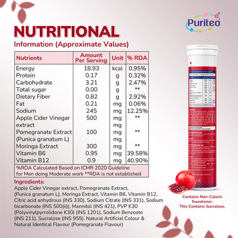 Puriteo ACV Moringa Effervescent Tablets for Natural Weight Management, Detox & Wellness, Fat Loss & Gut Health