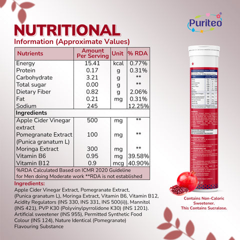 Puriteo ACV Moringa Effervescent Tablets for Natural Weight Management, Detox & Wellness, Fat Loss & Gut Health