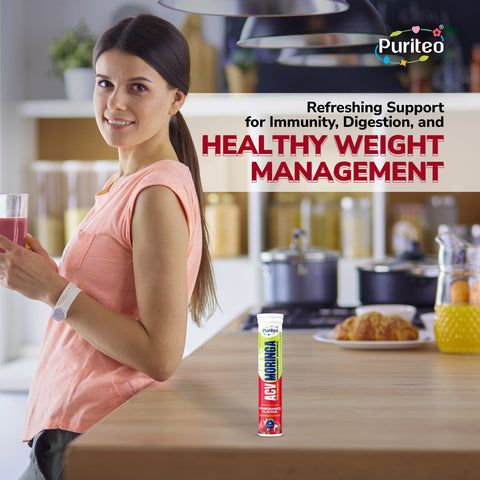 Puriteo ACV Moringa Effervescent Tablets for Natural Weight Management, Detox & Wellness, Fat Loss & Gut Health
