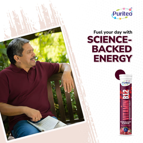 Puriteo B12 Effervescent Tablets for Instant Energy Uplift, Better Cognitive Function, Immunity & Active Day Performance