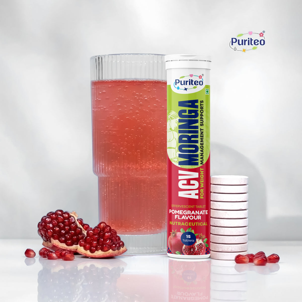 Puriteo ACV Moringa Effervescent Tablets for Natural Weight Management, Detox & Wellness, Fat Loss & Gut Health