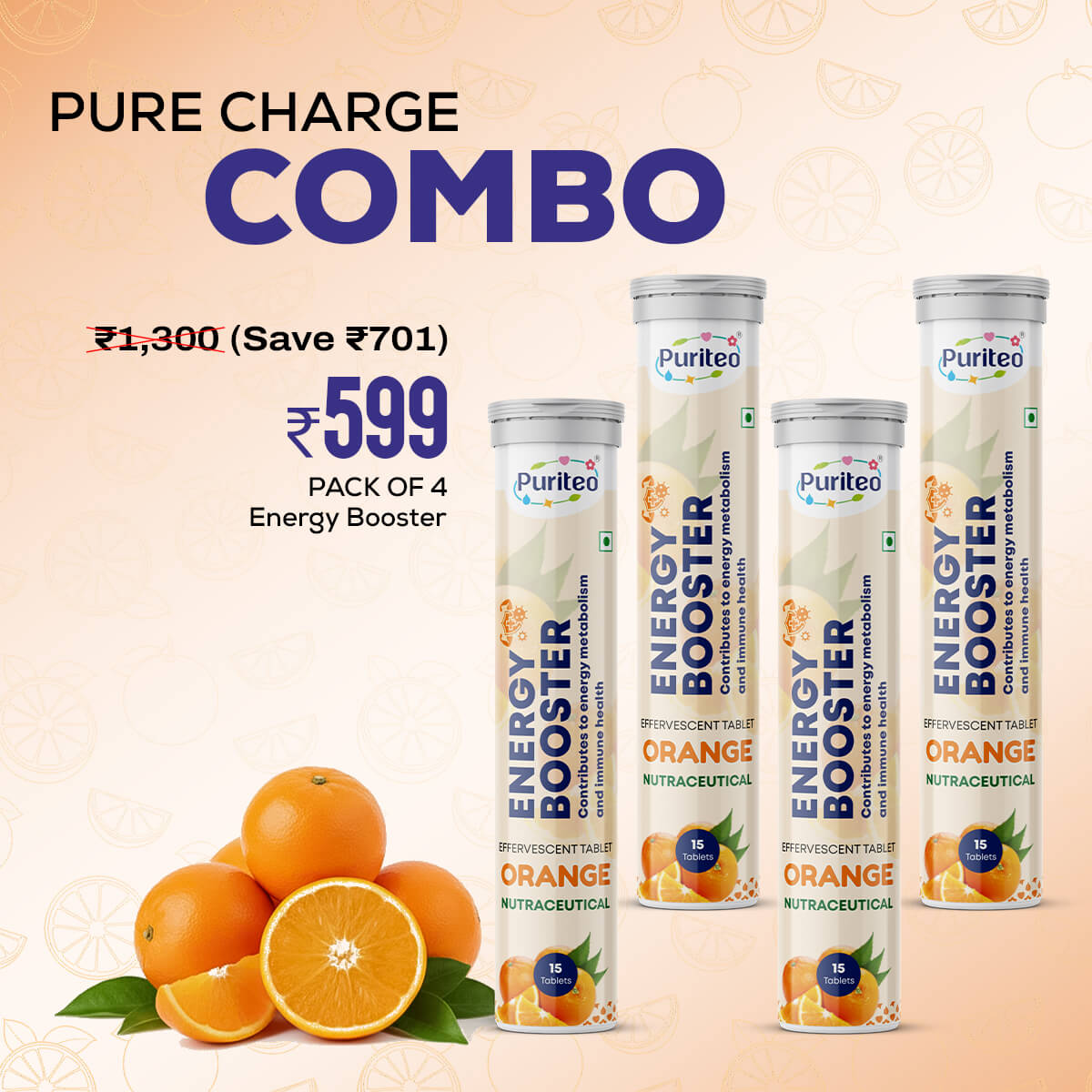 Pure Charge Combo | Puriteo Energy Booster Effervescent Tablets - Pack of 4